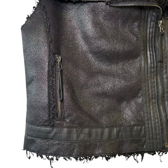Forever 21 Faux Leather Shearling Fur Vest Jacket Black Small Rocker Sleeveless - Picture 11 of 12